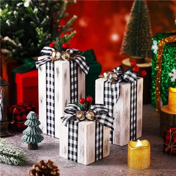3 Pcs Christmas Wooden Gifts Box Christmas Plaid Presents Table Centerpieces - Picture 2 of 7